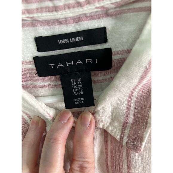 Tahari Tunic Beachy Linen Shirt 1X White Brown Stripe Roll Tab Button Up Casual - Picture 6 of 11